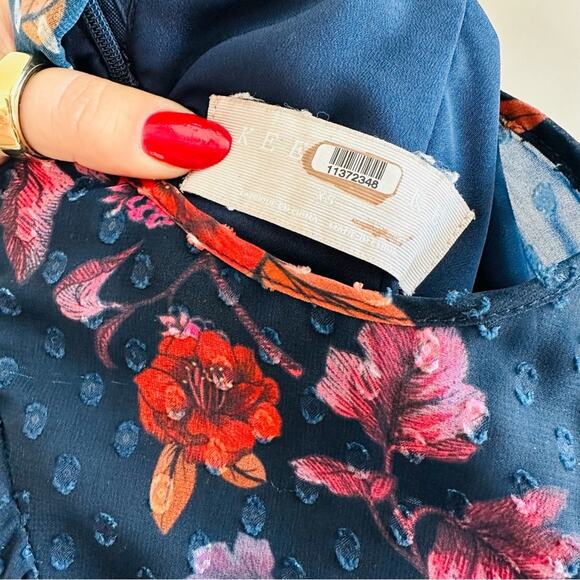 Keepsake Need You Now Navy Blue Red White Floral Ruffle Rouched Midi Dress XS - Picture 9 of 14